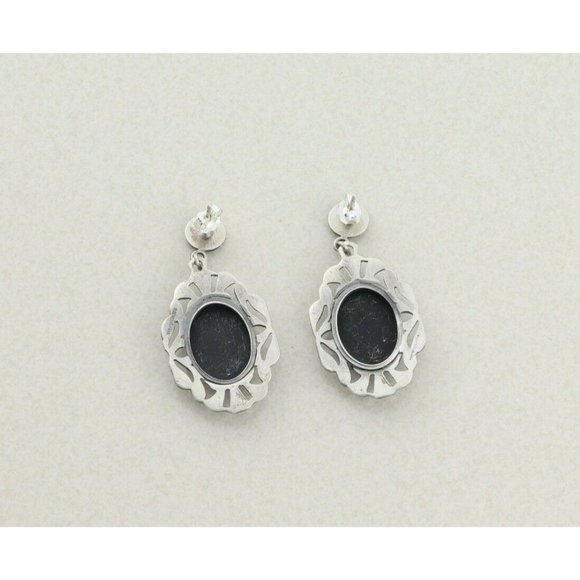 Vintage Sterling Silver Imitation Onyx and Marcasite Earrings Drop Earrings - Picture 7 of 7